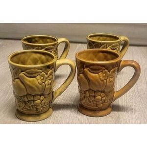 Vintage Looking Ceramic Textured Fruit & Floral Mugs Set of 3 Green &‎ 1 Brown